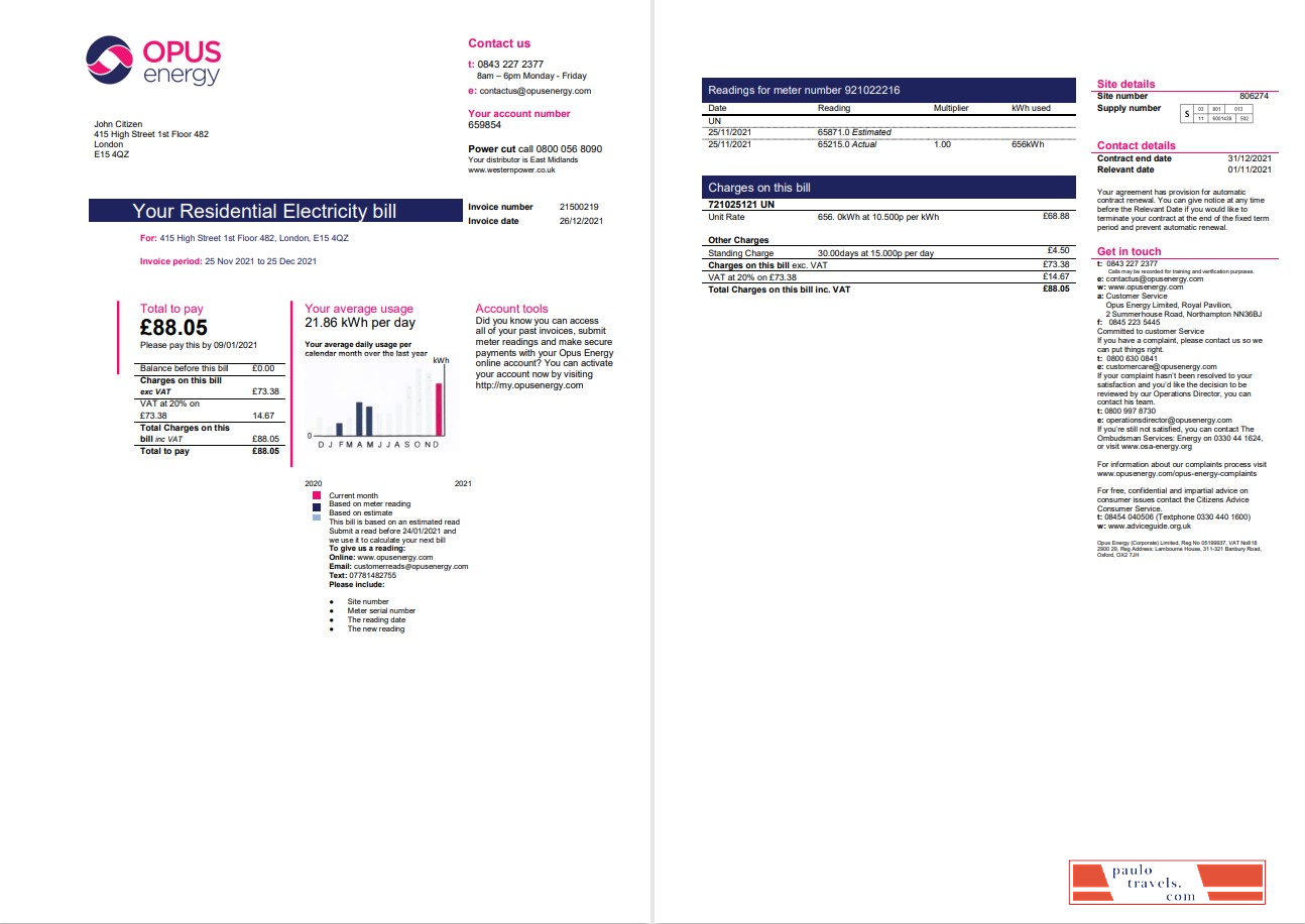 United Kingdom Opus Energy electricity utility bill template in Word and PDF format (2 pages)